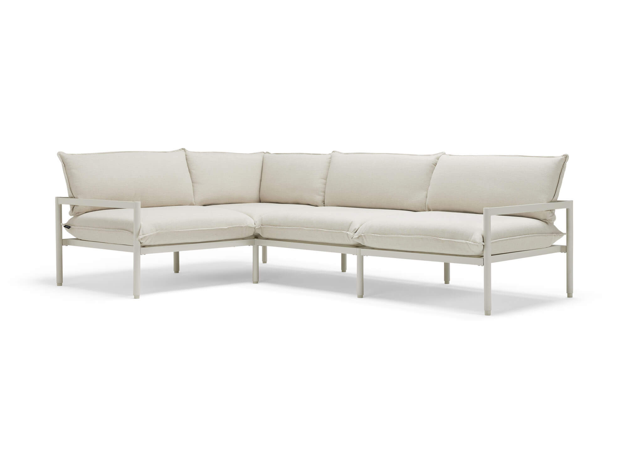 Front angle view of 2-piece white outdoor sectional sofa